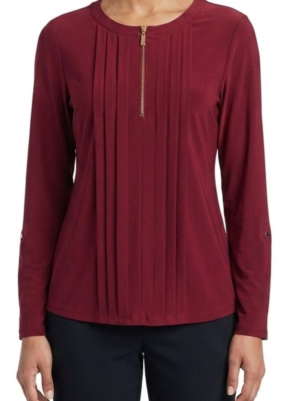 Roz & Ali Deep Red Pleated Zip-Front Long-Sleeve Knit Blouse Top Sz M